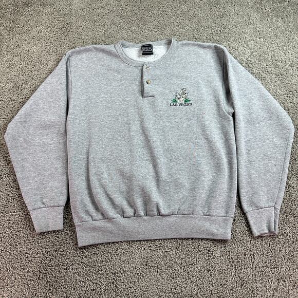 VINTAGE Las Vegas Sweatshirt Mens Medium Gray White Tigers Henley Pullover 90s - Picture 2 of 14